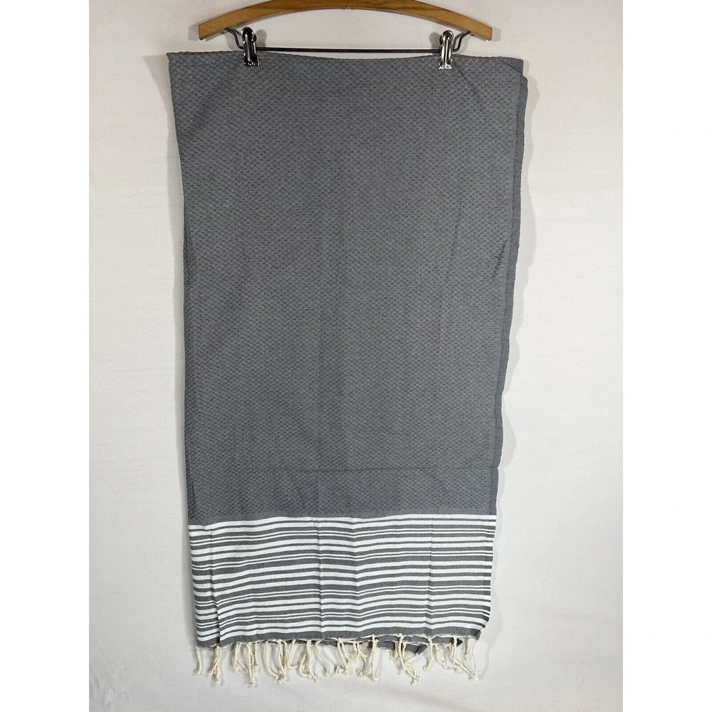 Williams Sonoma Table Runner Gray Stripe Linen Fringe Minimalist Coastal Decor